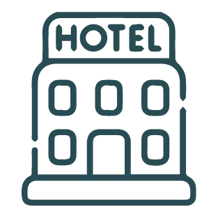 Simple green hotel icon with building facade and 'HOTEL' text